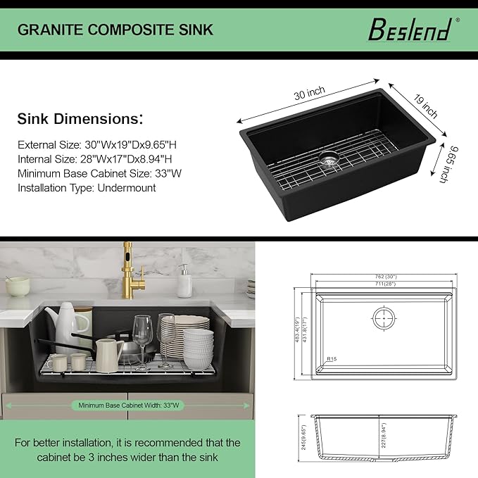 30 Granite Composite Kitchen Sink - 30x19 Inch Black Granite Kitchen Sinks Undermount Black Quartz Sink Ledge Workstation Classic Under Counter Single Bowl Sinks Basin