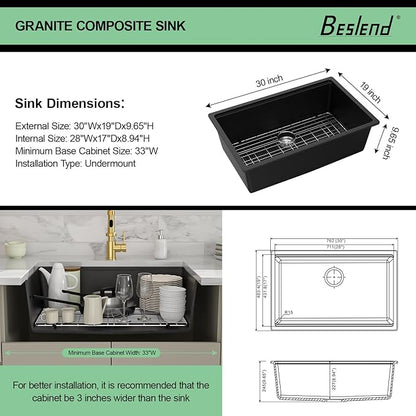 30 Granite Composite Kitchen Sink - 30x19 Inch Black Granite Kitchen Sinks Undermount Black Quartz Sink Ledge Workstation Classic Under Counter Single Bowl Sinks Basin