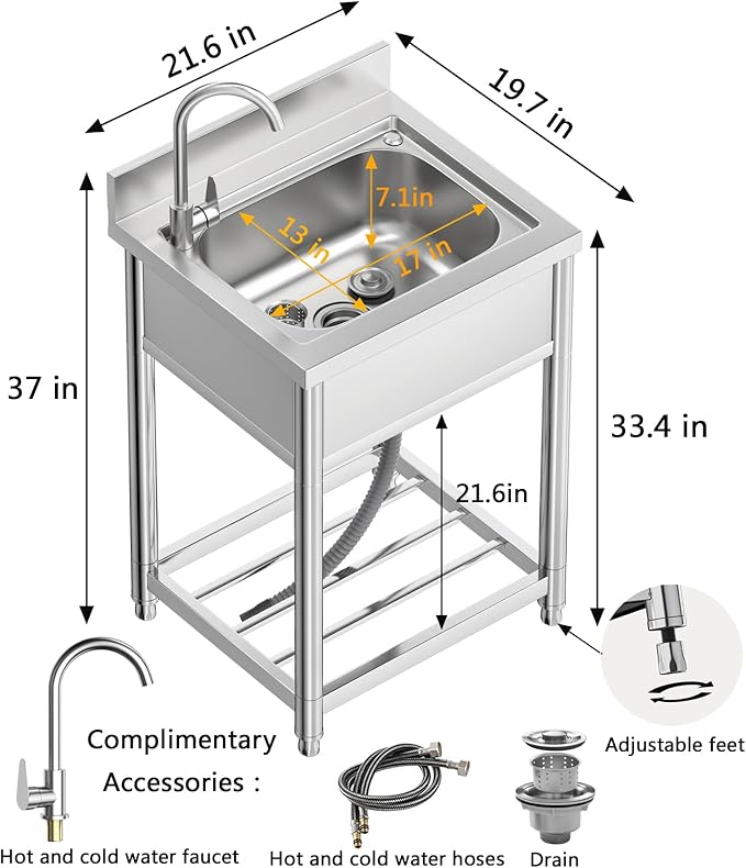 Free Standing Stainless-Steel Single Bowl Commercial Restaurant Kitchen Sink Set w/Faucet, Prep & Utility Washing Hand Basin w/Storage Shelve, laundry tub for Indoor Outdoor (22in)