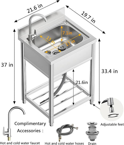Free Standing Stainless-Steel Single Bowl Commercial Restaurant Kitchen Sink Set w/Faucet, Prep & Utility Washing Hand Basin w/Storage Shelve, laundry tub for Indoor Outdoor (22in)