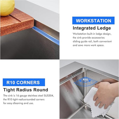 MENATT 30 inch Kitchen Sink Drop In, 18 Gauge Stainless Steel Handmade Drop in Workstation Kitchen Sink, 2 Hole Single Bowl Topmount Kitchen Sinks with Cutting Board, D30"xW18"xH9"
