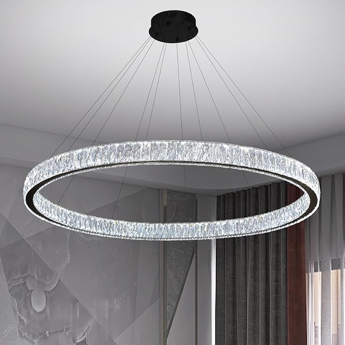 39.4in Large Ring Chandelier for Living Room Modern LED Black Crystal Chandelier for Dining Room Dimmable 2700K-6000K