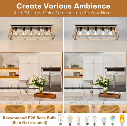31.5" Flush Mount Ceiling Light Fixture, 5-Light Vintage Industrial Cage Chandelier for Dining Room, Kitchen Island, Living Room, Dimmable Semi Flush Mount Close to Ceiling Lighting, Walnut Finish