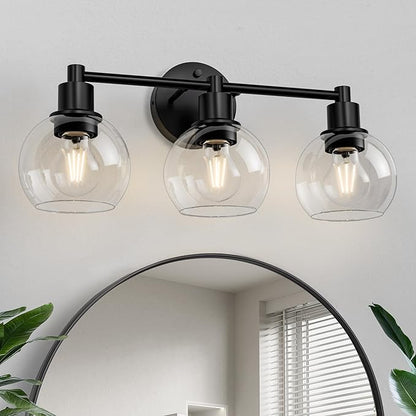 Espird 3 Lights Bathroom Vanity Light Fixtures Black, Bathroom Lights Over Mirror, Industrial and Farmhouse 3 Lights Wall Sconce, Matte Black Globe Vanity Lighting Fixtures