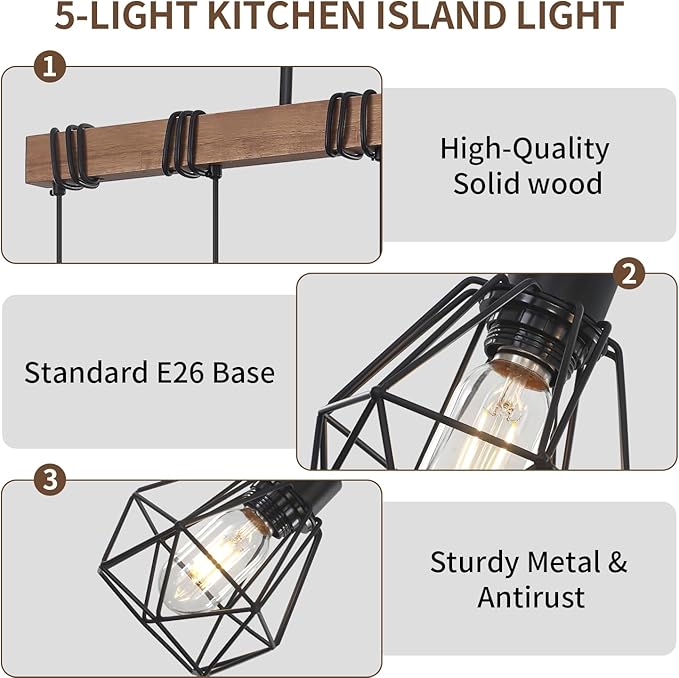 5-Light Kitchen Island Lighting, Farmhouse Chandelier for Dining Room Rustic Wood Ceiling Pendant Light Fixture with Metal Shade, Height Adjustable