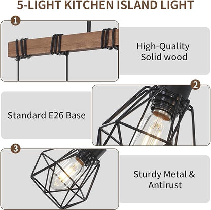5-Light Kitchen Island Lighting, Farmhouse Chandelier for Dining Room Rustic Wood Ceiling Pendant Light Fixture with Metal Shade, Height Adjustable