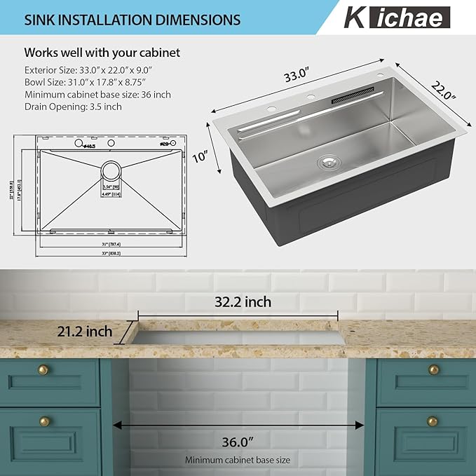 Kichae 33" x 22" Waterfall Sink Drop In - 33x22 Drop In Waterfall Kitchen Sink 304 Stainless Steel 16G Handmade Single Bowl Workstation Sinks with Faucet Combo & Glass Rinser