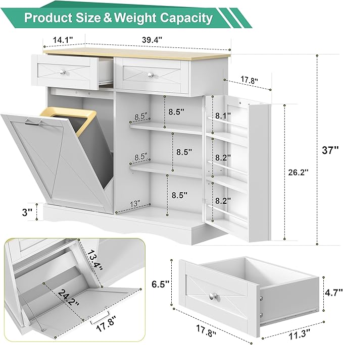kepptory Tilt Out Trash Can Cabinet for 12 Gallon Trash Can, Modern Kitchen Island Cabinet with Adjustable Shelf and 2 Drawers for Hidden Laundry Basket, Dog Proof Garbage Can, White
