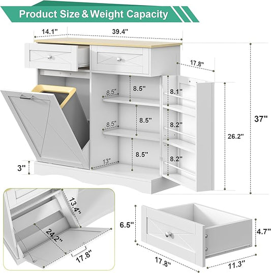 kepptory Tilt Out Trash Can Cabinet for 12 Gallon Trash Can, Modern Kitchen Island Cabinet with Adjustable Shelf and 2 Drawers for Hidden Laundry Basket, Dog Proof Garbage Can, White