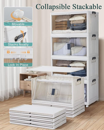 OlarHike 97QT Stackable Storage Bins with Lids - Folding Storage Box with Doors and Wheels, Collapsible Plastic Storage Drawers for Closets and Organization, Garage, 5 Pack Cubes