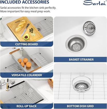 Sarlai 33 Inch Composite Granite Kitchen Sink Drop In - 33x22 Inch White Kitchen Sink Workstation Granite Topmount Sinks White Quartz Classic Above Counter Single Bowl Basin