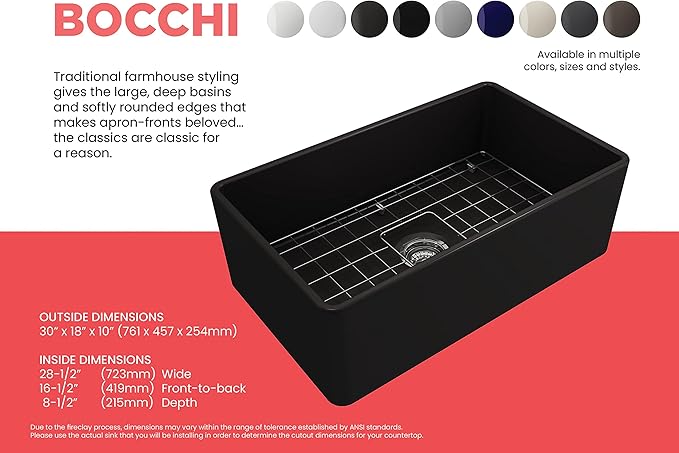 BOCCHI Classico Farmhouse Apron Front Fireclay 30 in. Single Bowl Kitchen Sink with Protective Bottom Grid and Strainer in Matte Black