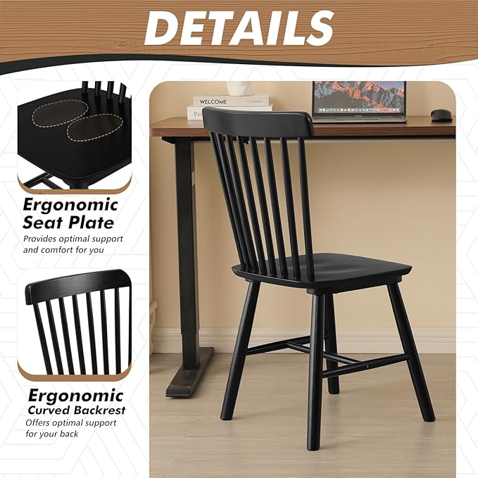 ClinQ Windsor Dining Chair Set of 4, Spindle Back Wooden Chairs for Kitchen and Dining Room, Farmhouse Country Wooden Dining Chairs for Dining Living Room, Farmhouse Restaurant, Black