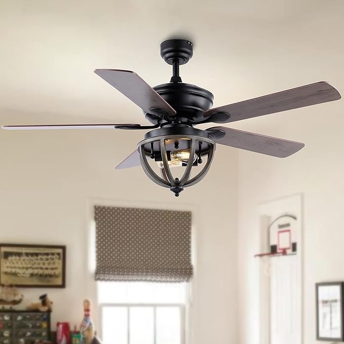 JONATHAN Y 52" Black 2-Light Iron LED Ceiling Fan with Remote, 5 Reversible Ashwood/Coffee Brown Blades, Farmhouse Industrial Metal Dome Shade, ETL Listed, LED Bulbs Included JYL9613A