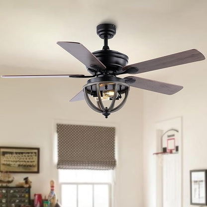 JONATHAN Y 52" Black 2-Light Iron LED Ceiling Fan with Remote, 5 Reversible Ashwood/Coffee Brown Blades, Farmhouse Industrial Metal Dome Shade, ETL Listed, LED Bulbs Included JYL9613A
