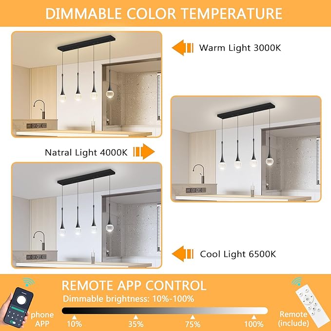 Rectangular Crystal Pendant Light for Kitchen Island 4 Light Dimmable Crystal Chandelier Lighting Fixtures with Remote for Dining Room Living Room Black