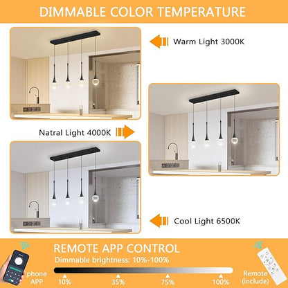 Rectangular Crystal Pendant Light for Kitchen Island 4 Light Dimmable Crystal Chandelier Lighting Fixtures with Remote for Dining Room Living Room Black