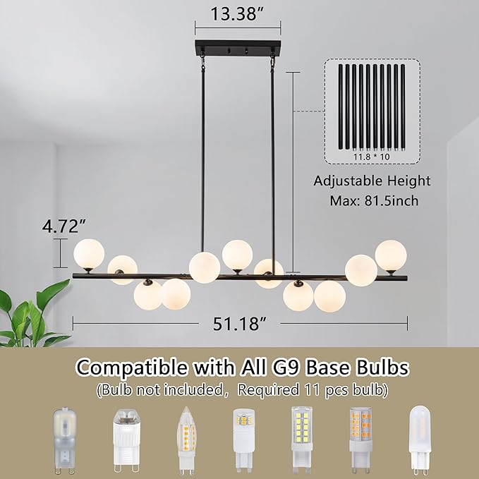 Linear Chandeliers for Dining Room,11 Light Globe Sputnik Chandelier with Milk White Glass 51inch Black Dining Room Light Fixture, Large Modern Chandelier for Kitchen Island