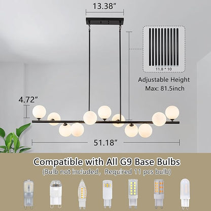 Linear Chandeliers for Dining Room,11 Light Globe Sputnik Chandelier with Milk White Glass 51inch Black Dining Room Light Fixture, Large Modern Chandelier for Kitchen Island