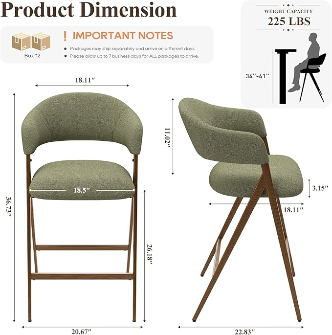 Bar Stools Set of 4, Counter Height Bar Stools with Back, Modern Upholstered Island Stools with Metal Legs for Kitchen Island, Counter, Dining Room, Green
