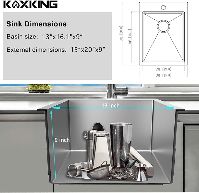 15x20 Inch Bar Sink Drop In Topmount, 18 Gauge Stainless Steel Single Bowl Small Kitchen & Wet Bar Prep Sink, 9 Inch Deep with Bottom Grid & Drain Assembly