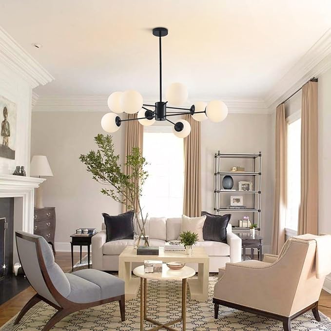 BOKT Modern 8-Lights Globe Sputnik Chandelier Mid Century Matte Black Chandelier Ceiling Mount Light Fixture with Milky White Glass Glass Lampshade for Dining Room Living Room