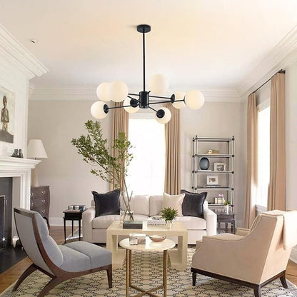 BOKT Modern 8-Lights Globe Sputnik Chandelier Mid Century Matte Black Chandelier Ceiling Mount Light Fixture with Milky White Glass Glass Lampshade for Dining Room Living Room