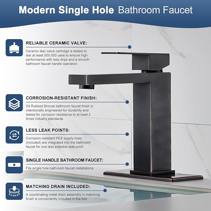 AVSIILE Oil Rubbed Bronze Bathroom Faucet, Single Hole Vanity Bath Faucet, Single Handle Modern Stainless Steel Bathroom Faucets for Sink 1 Hole with Pop Up Drain Stopper & Water Supply Hoses