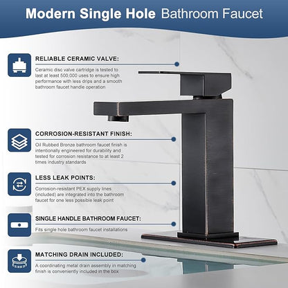 AVSIILE Oil Rubbed Bronze Bathroom Faucet, Single Hole Vanity Bath Faucet, Single Handle Modern Stainless Steel Bathroom Faucets for Sink 1 Hole with Pop Up Drain Stopper & Water Supply Hoses