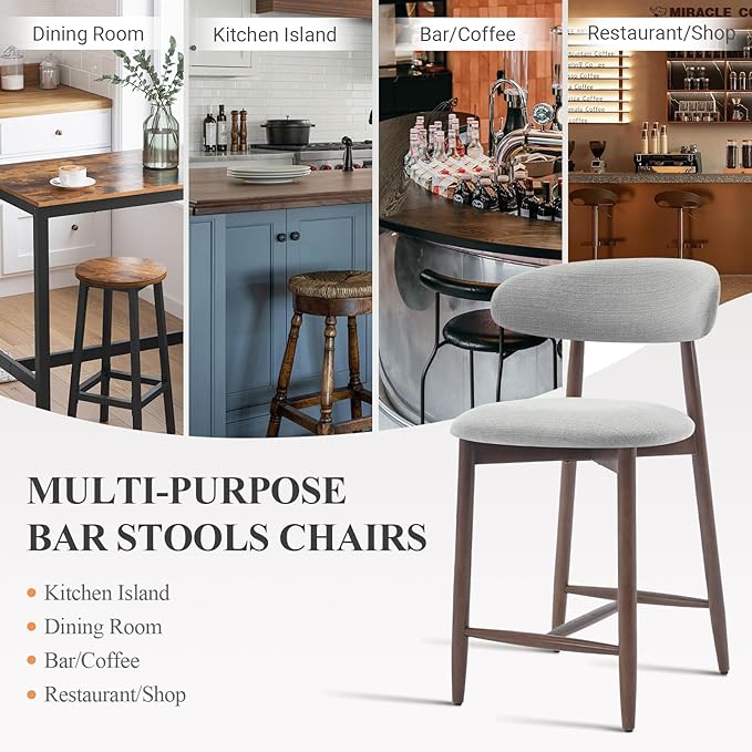 COLAMY Wood Bar Stools, Counter Height BarStools, Mid Century Modern Stools with Back, 25 Inch Upholstered Wooden for Kitchen Island Dining Room, Light Grey