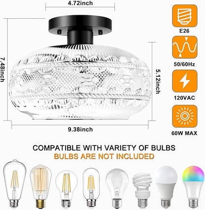 Semi Flush Mount Ceiling Light Fixture Black,Vintage Hallway Light Fixture Ceiling,Globe Glass Light Fixtures Ceiling Mount,Farmhouse Pendant Lamp for Kitchen Entryway Bathroom,Bulb Not Included
