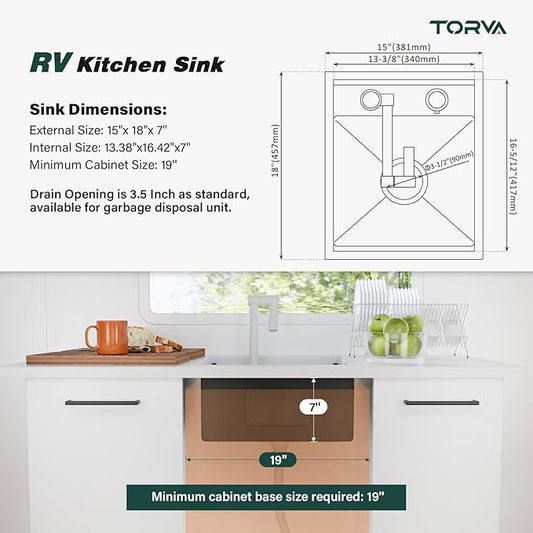 TORVA RV Kitchen Sink, 15 x 18 x 7 Inch Undermount Bar Sink 16 Gauge Stainless Steel Single Bowl Sink with Foldable Faucet Cutting Board, White