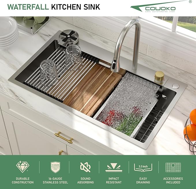 33 Inch Drop In Waterfall Kitchen Sink Workstation Smart 16 Gauge Stainless Steel Single Bowl Waterfall Sinks with Waterfall Faucet Combo and Cup Washer Set