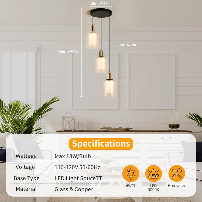 3-Light Modern Pendant Light, Black and Gold Cluster Chandelier with Ribbed Glass Shades, 18W Integrated LED 3000K Warm White, Adjustable Hanging Fixture for Kitchen Island Dining Room Stairway