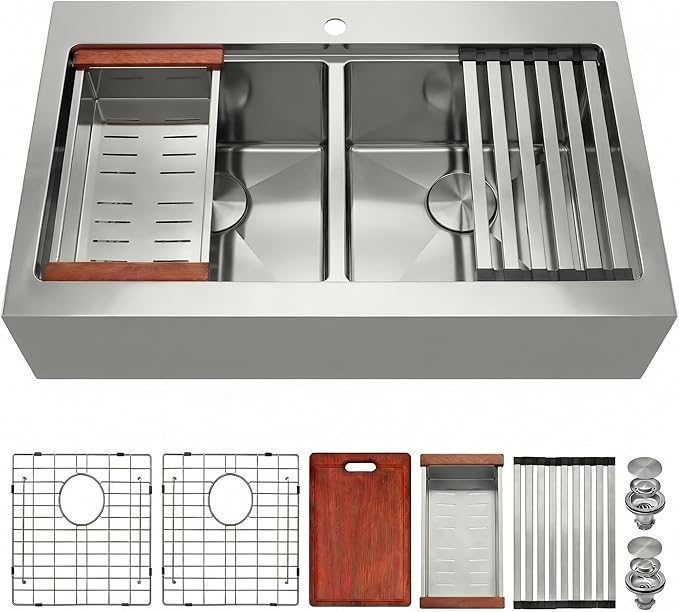 LQS Double Bowl Kitchen Sink, Undermount/Drop In Kitchen Sink, Double Bowl Stainless Steel Kitchen Sinks, 16 Gauge Stainless Steel Handmade Sinks (Stainless Steel, 36" x 22" x 10")