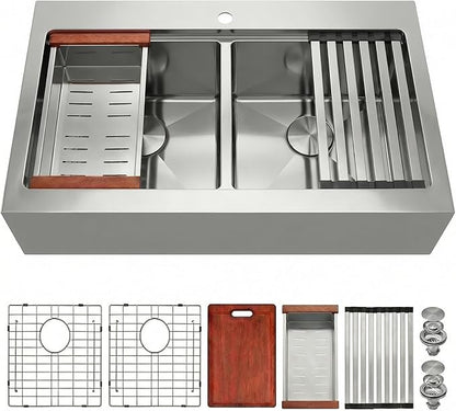 LQS Double Bowl Kitchen Sink, Undermount/Drop In Kitchen Sink, Double Bowl Stainless Steel Kitchen Sinks, 16 Gauge Stainless Steel Handmade Sinks (Stainless Steel, 36" x 22" x 10")