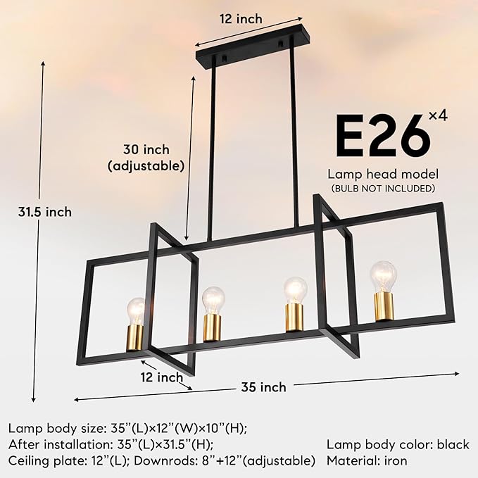Modern Black Farmhouse Chandeliers Dining Room Light Fixture, Linear Rectangular Kitchen Island Lighting, Industrial Vintage Pendant Lighting with 4-Light Socket Height Adjustable