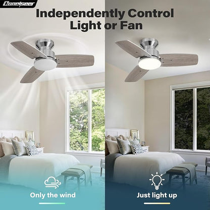 42 Inch Ceiling Fans with Lights and Remote, Bedroom Living Room Office, Flush Mount, 3CCT Dimmable, Dual Color 3 Blades 6 Speed Reversible Quiet DC Motor, Chrome-Plated/Wood Grain