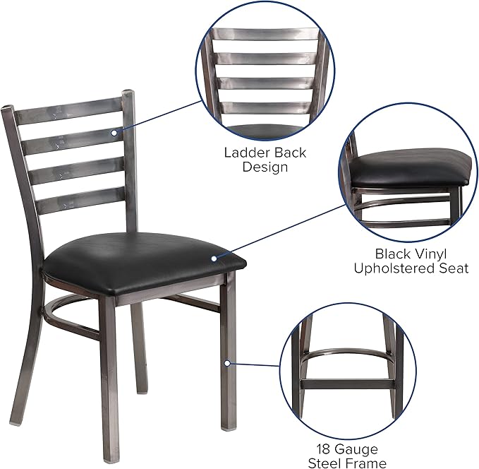 Flash Furniture HERCULES Series Clear Coated Ladder Back Metal Restaurant Chair - Black Vinyl Seat