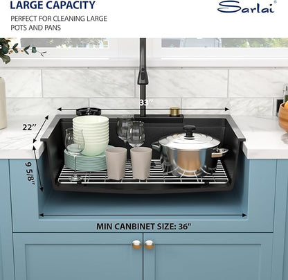 Sarlai Waterfall Kitchen Sink - Granite Composite Black Kitchen Sink 33 Inch Drop In Topmount Workstation Granite Matte Black Quartz Single Bowl Multifunction Sinks with Waterfall
