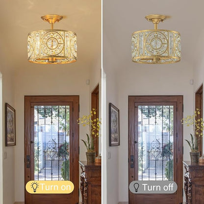 Semi Flush Mount Chandelier for Dining Room, 3-Lights Vintage Crystal Round Chandelier, Gold Retro Semi-Flush Mount Ceiling Lights Fixture for Living Room Bedroom Kitchen Hallway Foyer