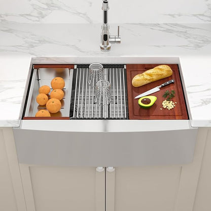 Sarlai 36 Farmhouse Kitchen Sink Double Bowl - 36 x 22 Inch Farm Sink Stainless Steel Apron Front 16 Gauge Ledge Workstation Sinks Low Divide 50/50 Double Basin Under Counter Kitchen Farmer Sinks