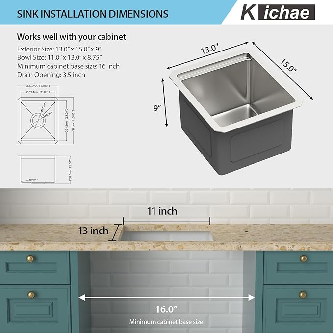 Kichae Undermount Bar Sink - 13" x 15" Bar Prep RV Kitchen Sink Stainless Steel 16 Gauge Workstation Wet Bar Sinks Single Bowl Handmade Basin With Cutting Borad