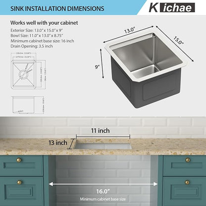 Kichae Undermount Bar Sink - 13" x 15" Bar Prep RV Kitchen Sink Stainless Steel 16 Gauge Workstation Wet Bar Sinks Single Bowl Handmade Basin With Cutting Borad