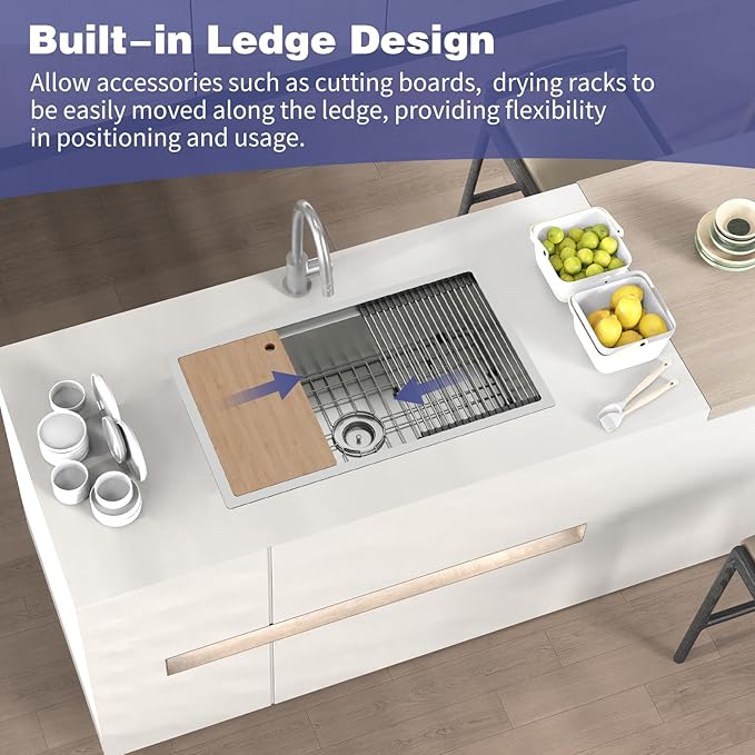Kitchen Sink Workstation,32"x19" Stainless Steel Undermount Single Bowl Sink Built-in Ledge Drop In Workstation Sink Design For Placing/Sliding Accessories-Cutting Board,Drying Rack,Colander