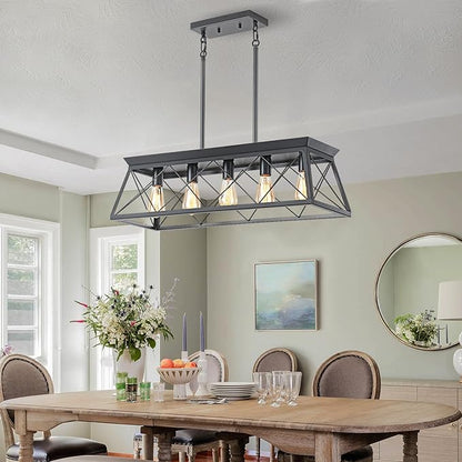 HuixuTe 5-Light Farmhouse Pendant Light for Dining Room, Rustic Kitchen Island Lighting, Adjustable Height Chandeliers for Kitchen, Dining Room Table Black