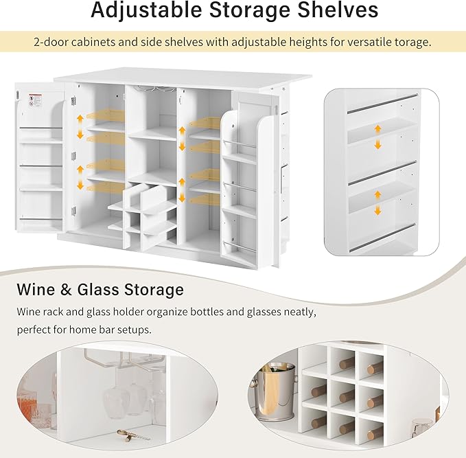 47.2" Kitchen Island with Drop Leaf & Power Outlet, Wine Bar with Bottle Rack & Glass Holder, 2-Door Buffet Sideboard with Side Shelves for Dining Room (White-85R)