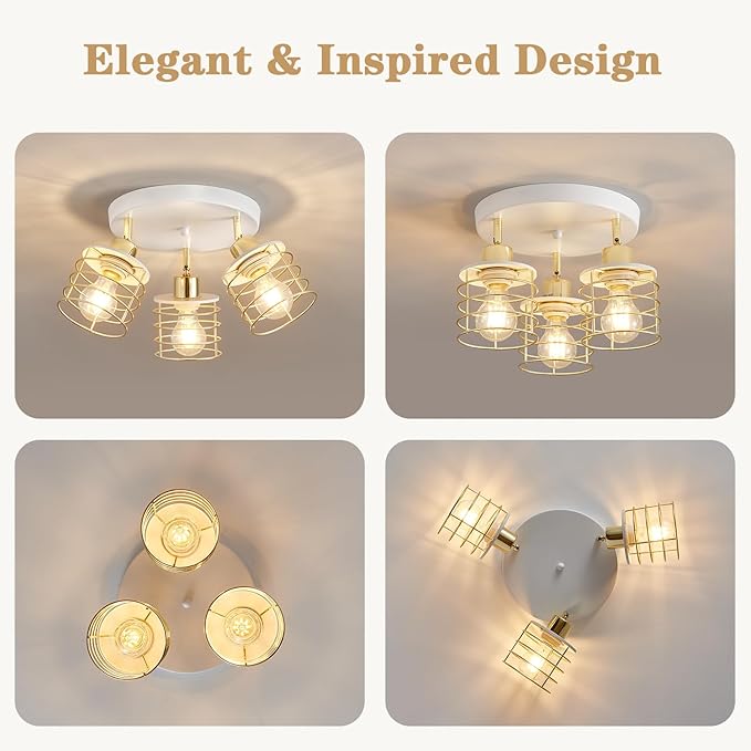 Semi Flush Mount 3-Light Kitchen Ceiling Fixture, Multi-Directional Lights for Kitchen, Farmhouse, Hallway, Dining Room, Entryway (White & Gold)