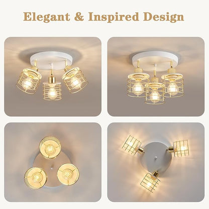 Semi Flush Mount 3-Light Kitchen Ceiling Fixture, Multi-Directional Lights for Kitchen, Farmhouse, Hallway, Dining Room, Entryway (White & Gold)