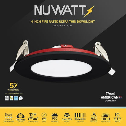 NUWATT 12-Pack 2 Hour Fire Rated Recessed Lighting, 4 Inch Wafer LED Lights, 5CCT 2700K/3000K/3500K/4000K/5000K, Wet & IC Rated, CRI90 Black Recessed Lights, 12W, Dimmable 900LM, No Tenmat Needed, ETL